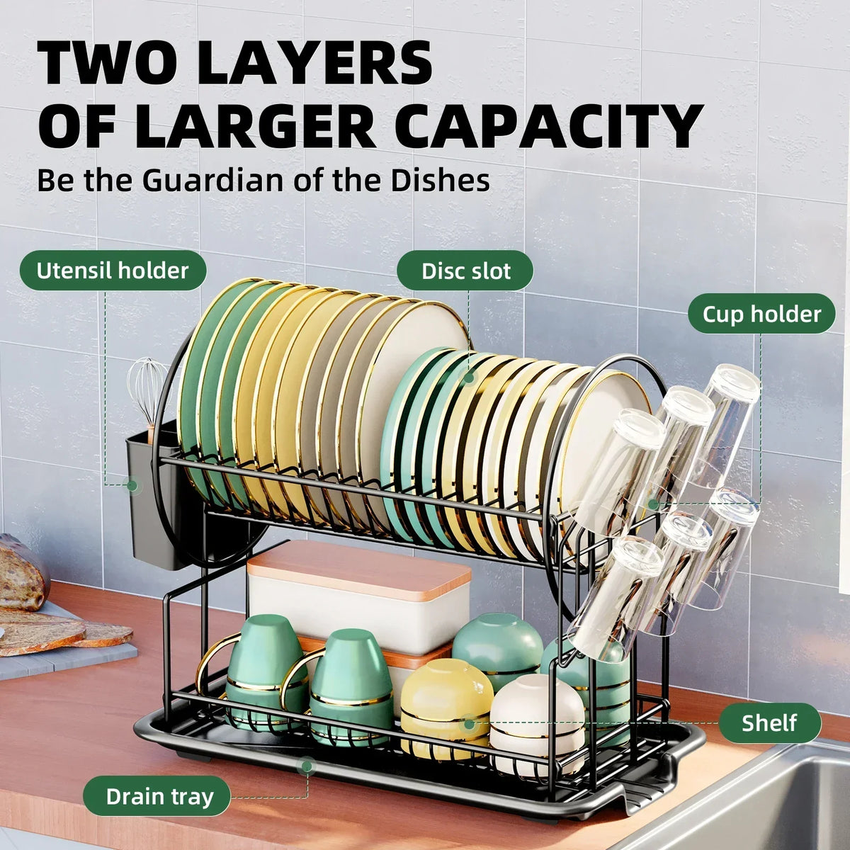 2-Tier Dish Drying Rack with Drainboard and Cutlery Holder – Aria