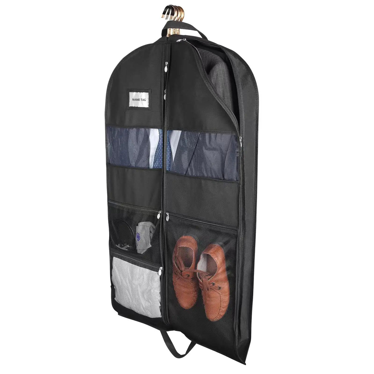 43-Inch Hanging Suit Organizer Garment Bag for Travel with Two-Way Zipper, XXL Pockets, Breathable & Clear Windows