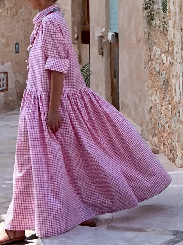 Casual Plaid Long Sleeve Swing Dress