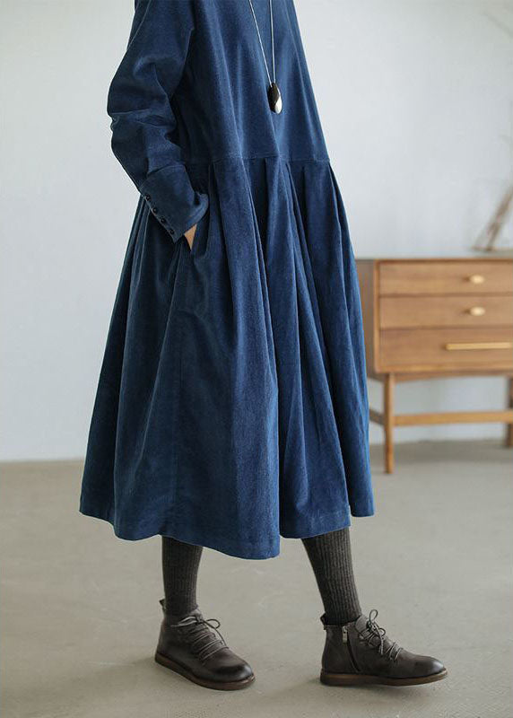French Blue Patchwork Fall Dress with Pockets and Buttons