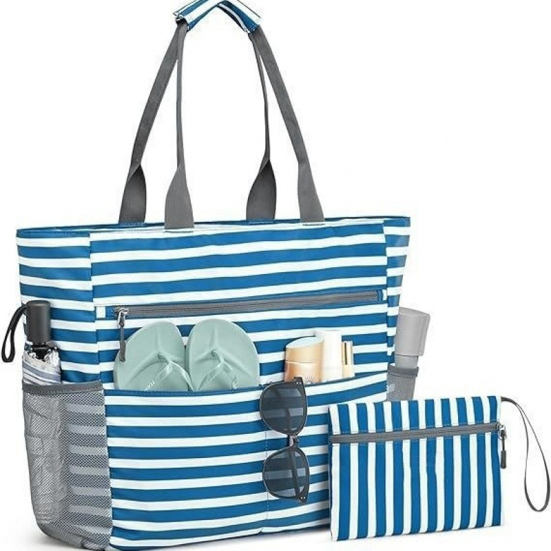 Large Waterproof Zippered Beach Bag – Spacious Foldable Beach Tote with 13 Pockets