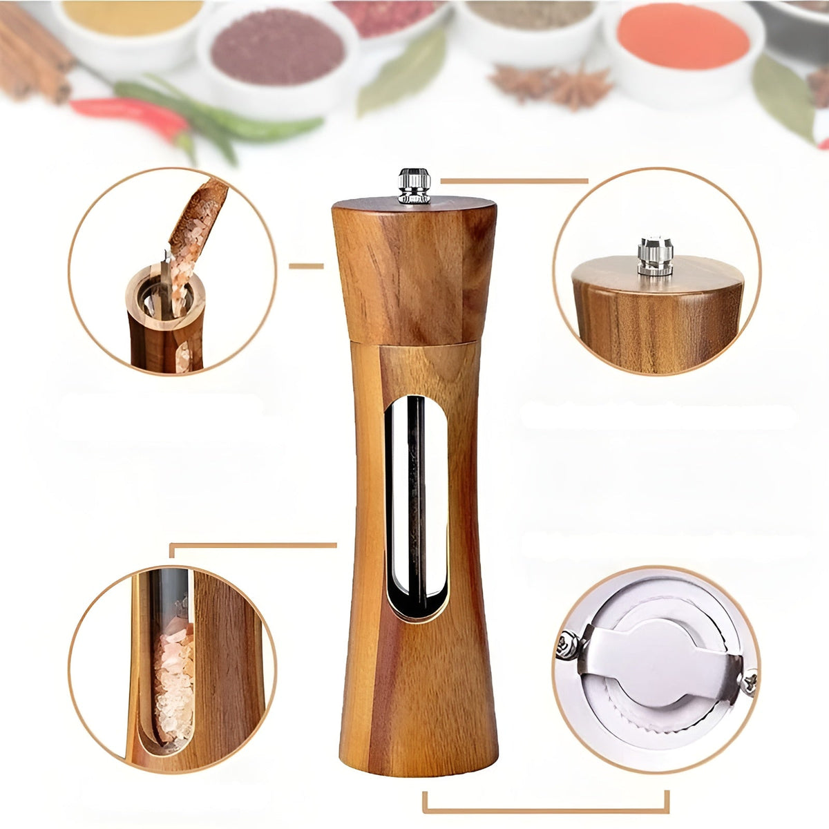 Manual Wooden Salt and Pepper Mill Set with Acrylic Window and Adjustable Grind Levels