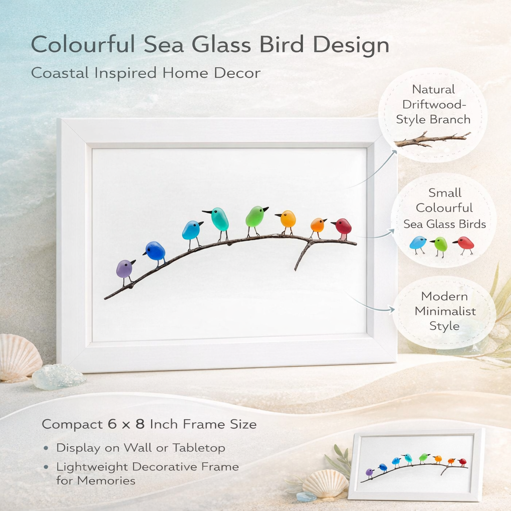 Sea Glass Birds on Driftwood Framed Wall Art Coastal Display