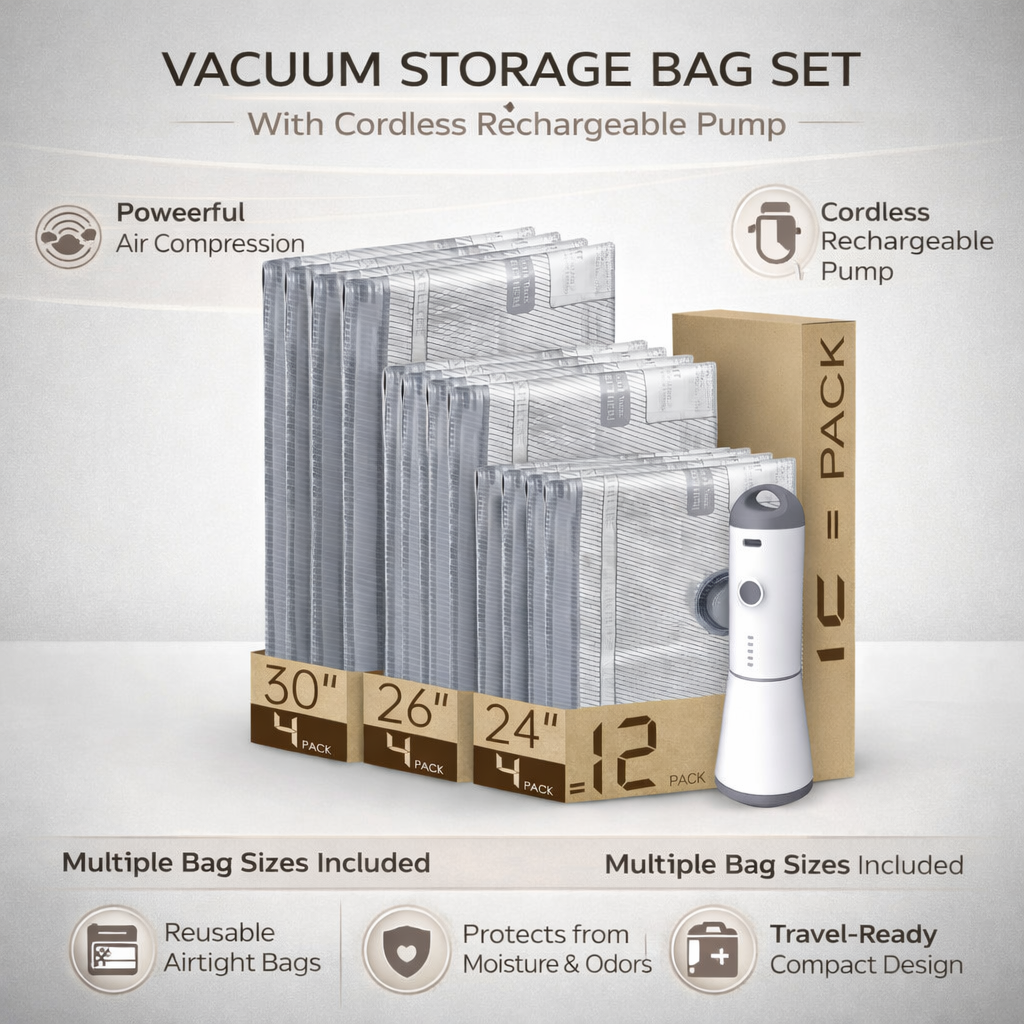 Travel Vacuum Storage Bag Set with Cordless Pump