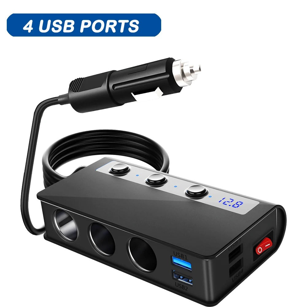Universal 4-Port Fast Car Charger Adapter with USB and Cigarette Lighter Sockets