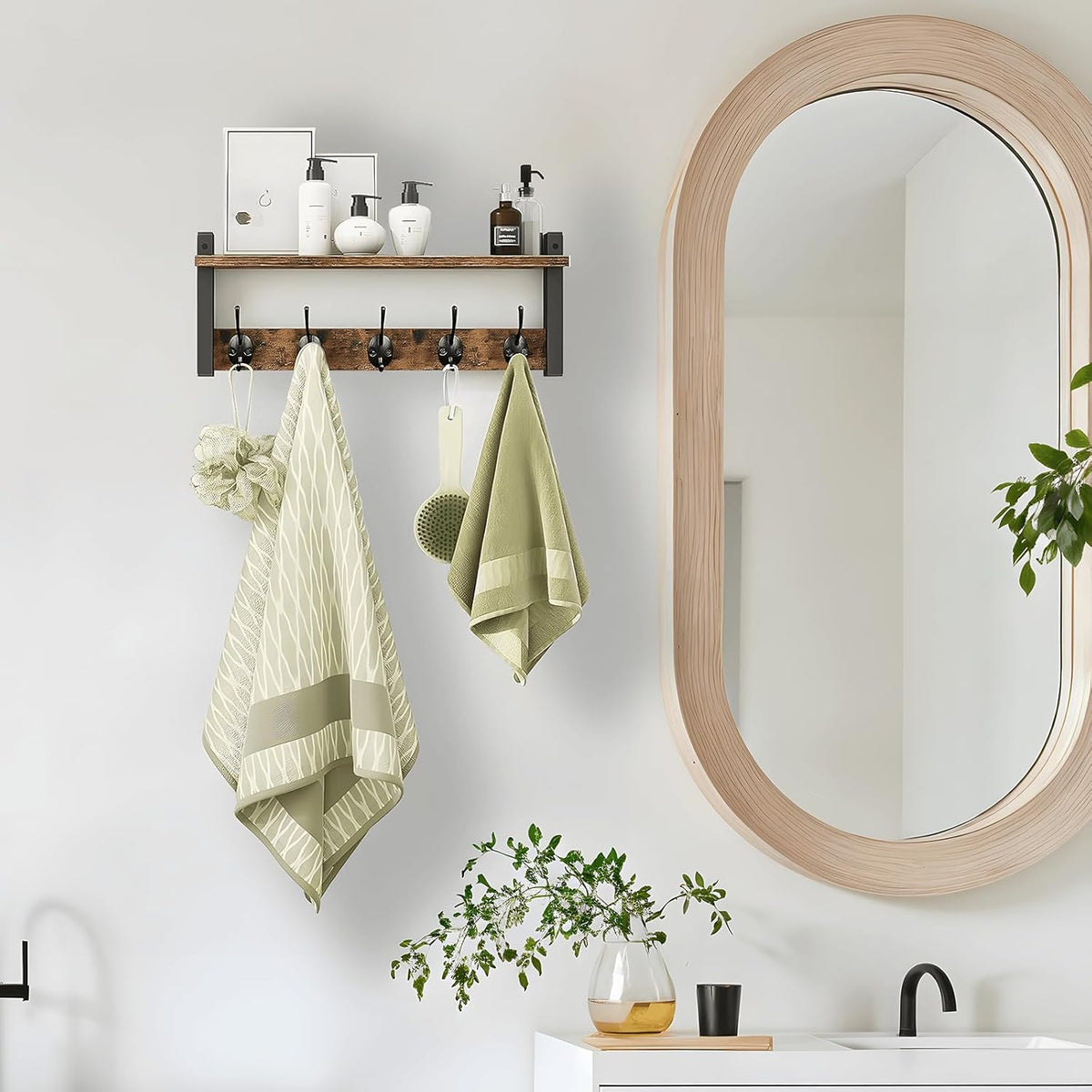 Wall-Mounted Coat Rack with Shelf and 5 Metal Hooks