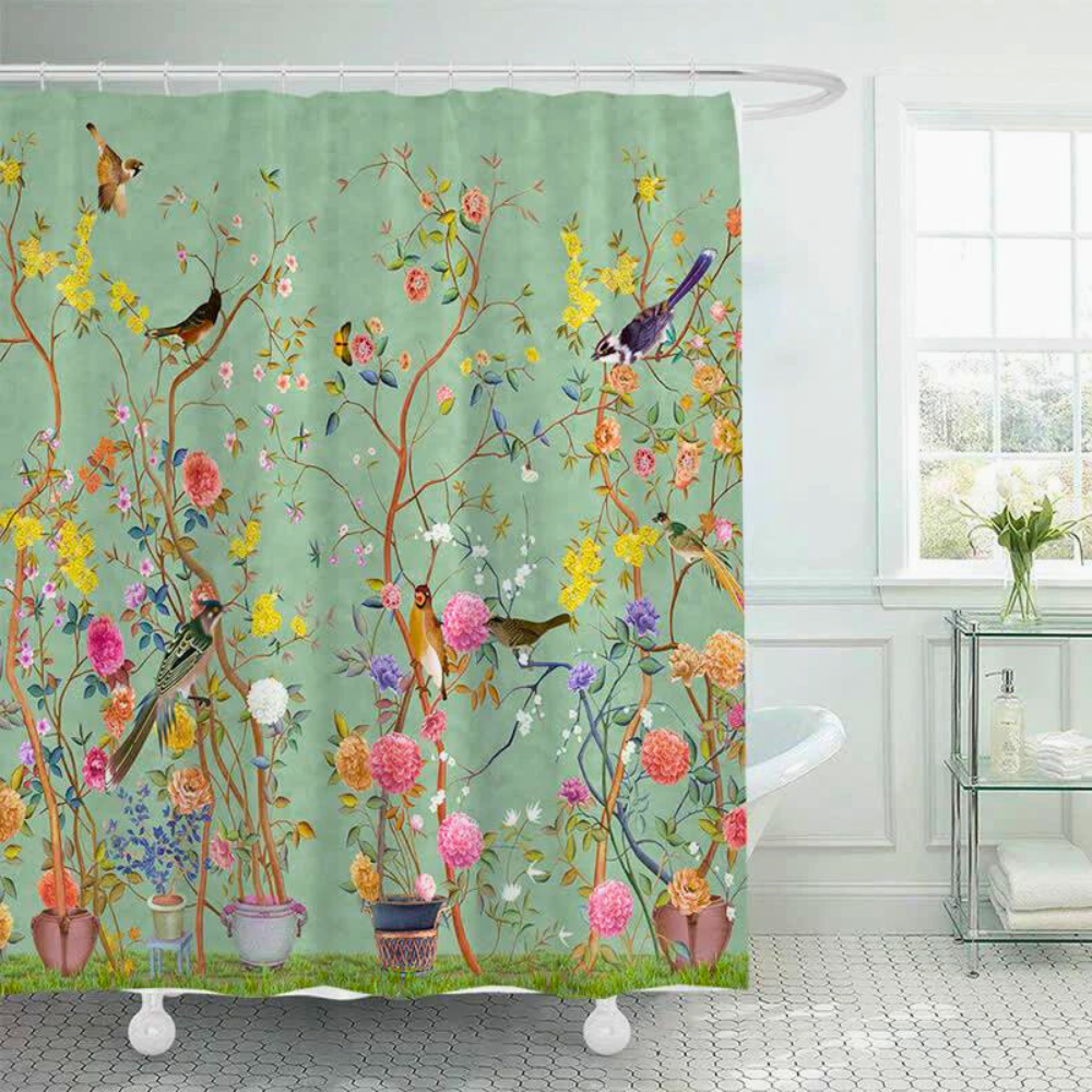 Waterproof Bathroom Shower Curtain with Floral and Bird Print