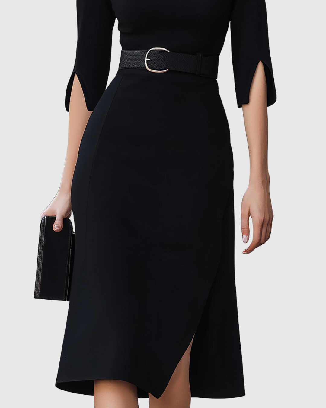 Women's Elegant Black Midi Dress with Tailored Waist