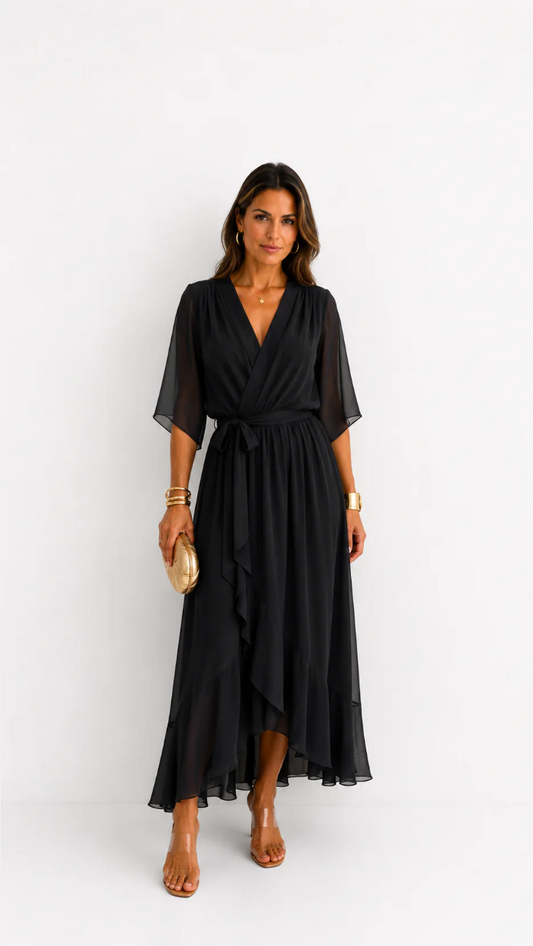 Women's Elegant Maxi Dress with Puff Sleeves and Adjustable Waist Belt
