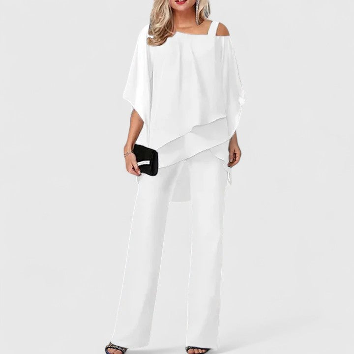 Women's Elegant Off-Shoulder Two-Piece Formal Set with Wide-Leg Pants