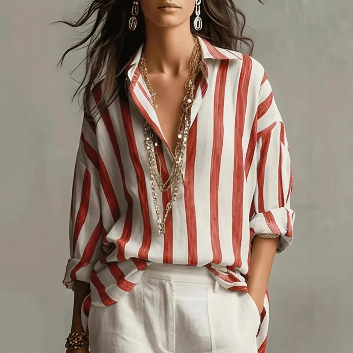 Women's Elegant Vertical Stripe Open Collar Blouse