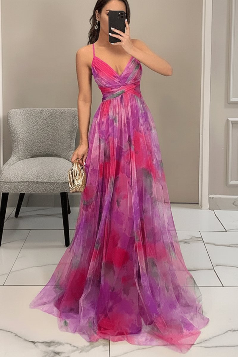 Women's Floral Sleeveless V-Neck A-Line Maxi Cocktail Gown