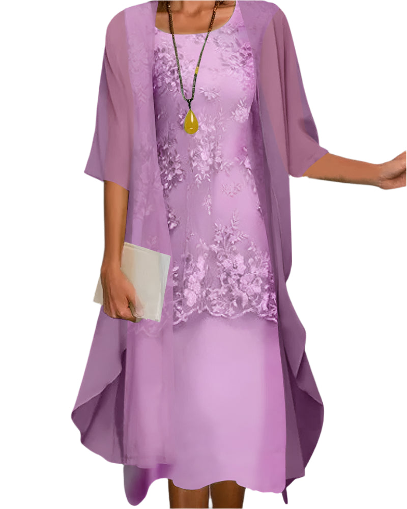 Women's Flowing Sheer-Sleeve Wedding Guest Midi Dress