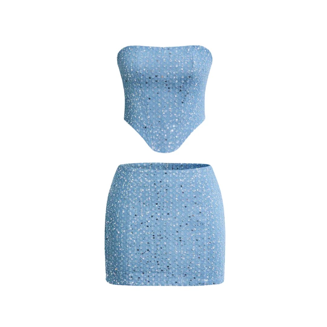 Women's Strapless Blue Sequin Bodycon Mini Party Dress