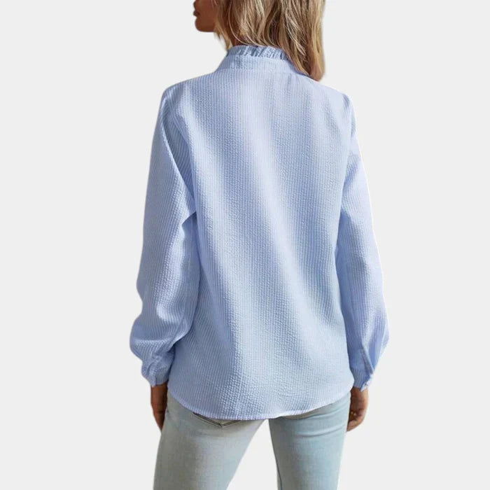 Women's Striped Blouse with Ruffles and Elegant Button Front