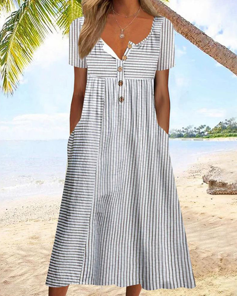 Women's Striped Short-Sleeve V-Neck A-Line Midi Dress