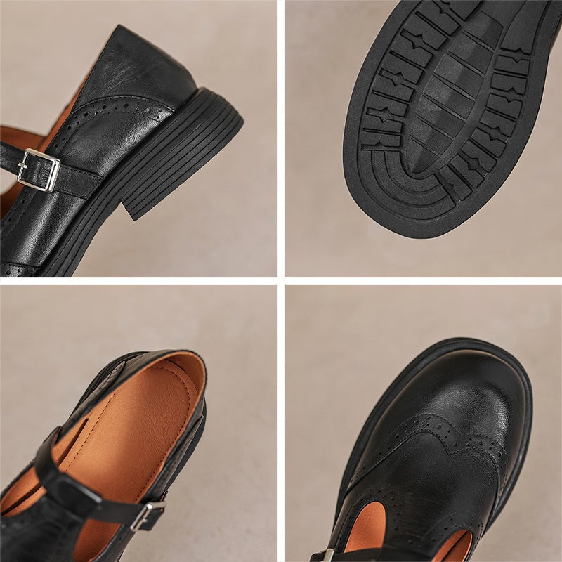 Women's T-Strap Shoes with Textured Look and Perforated Details