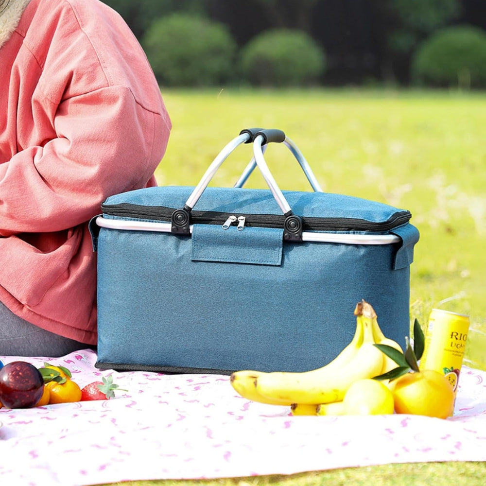 18L Collapsible Picnic Basket - Waterproof Oxford Fabric - Aluminum Frame - Black, Grey & Blue
