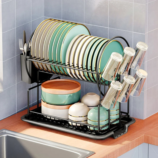 2-Tier Dish Drying Rack with Drainboard and Cutlery Holder – Aria