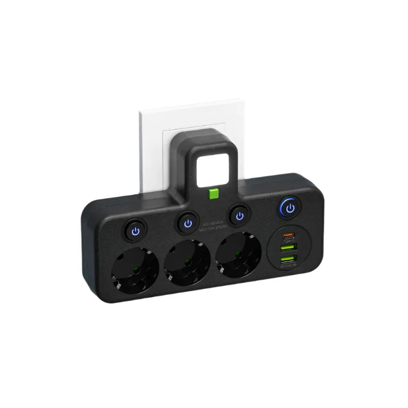 3–4 Outlet Adapter with 2x USB & 1x Type-C | 2500W | Surge Protection & Control Switch