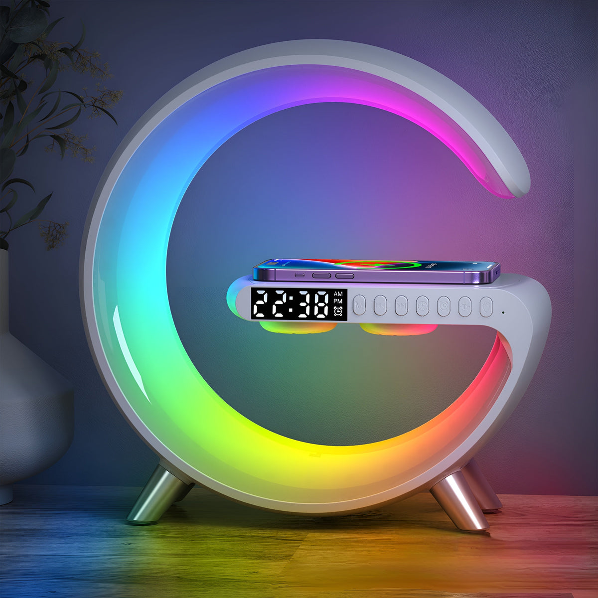 Alarm Clock, Atmosphere Lamp, Speaker & Wireless Charger