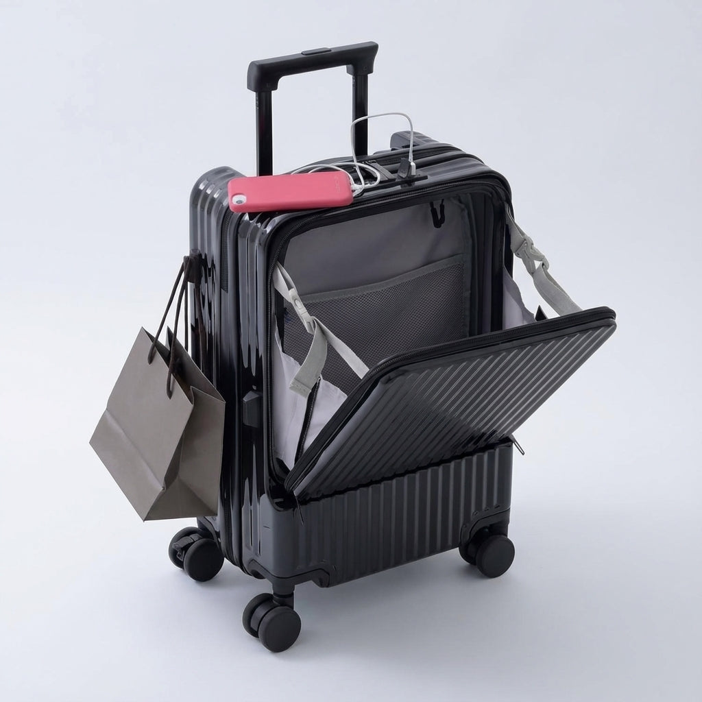 Carry-On Suitcase with Front Pocket – Easy Access and Charging