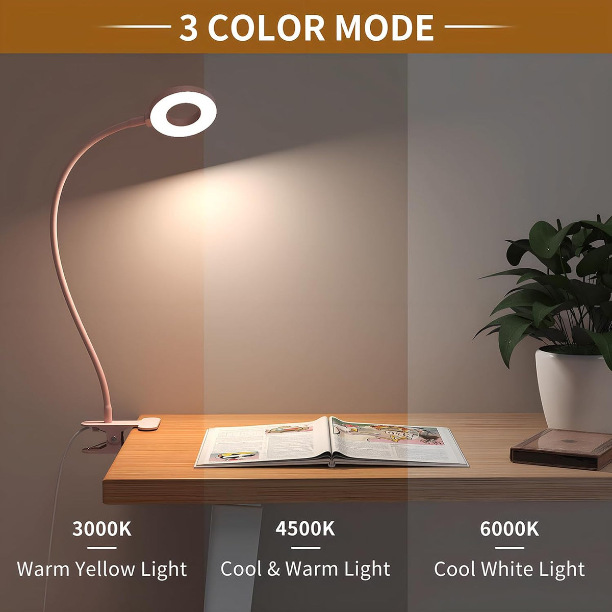 Clip-On LED Desk Lamp with Flexible Gooseneck and 3 Color Modes