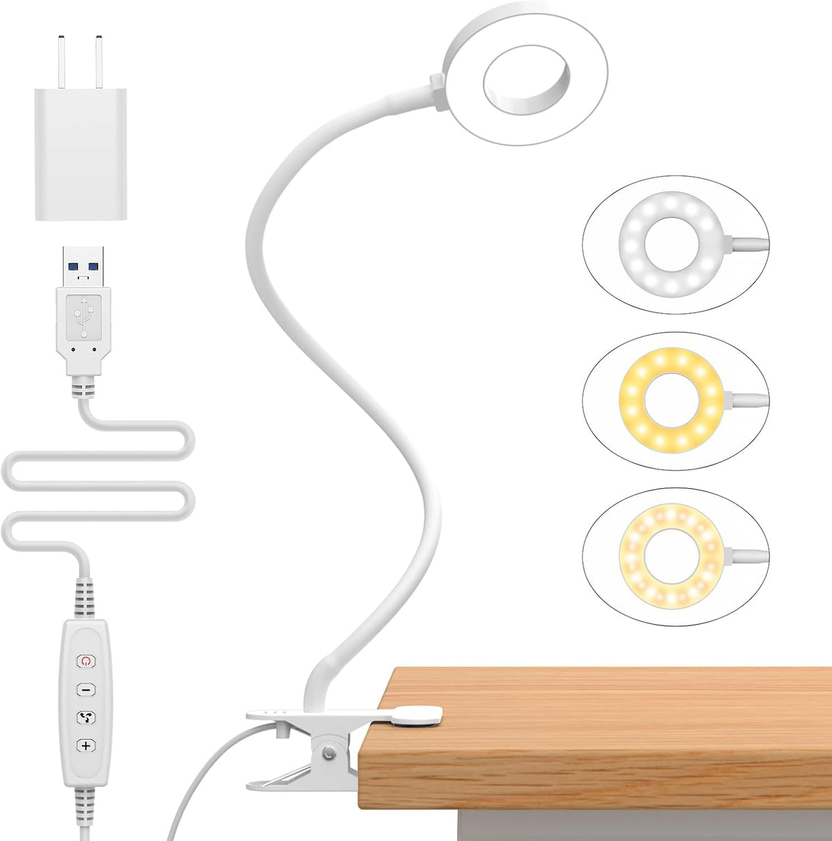 Clip-On LED Desk Lamp with Flexible Gooseneck and 3 Color Modes