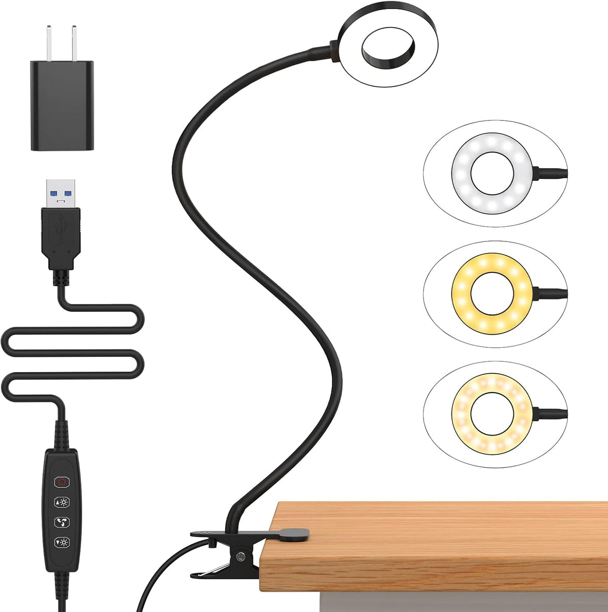 Clip-On LED Desk Lamp with Flexible Gooseneck and 3 Color Modes