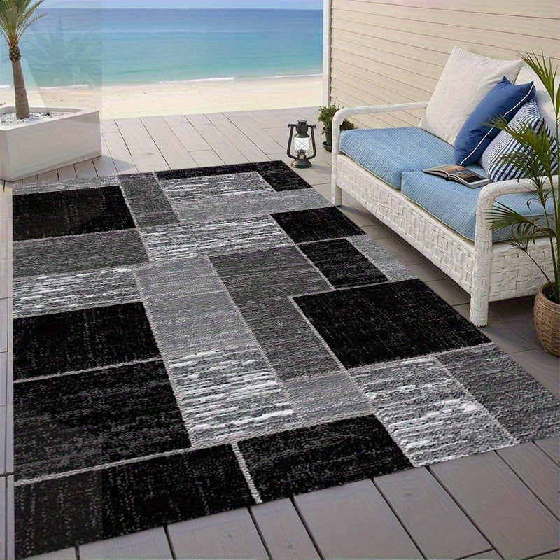 Coastal Grid Outdoor Rug - Modern Black and Grey Patio Rug