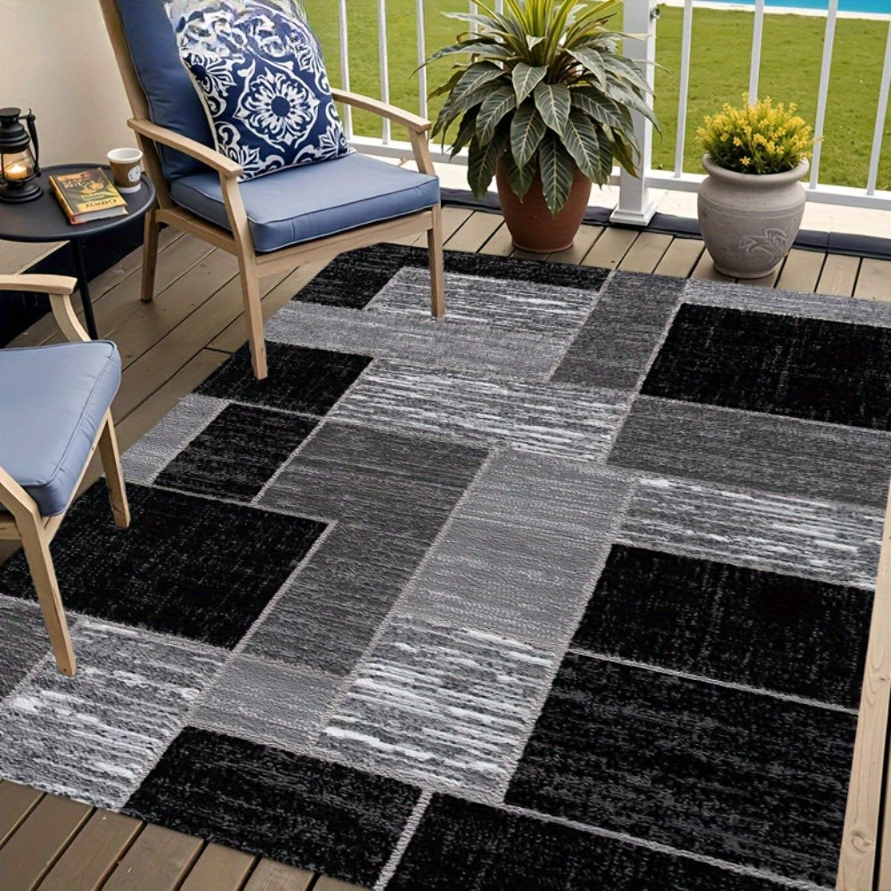 Coastal Grid Outdoor Rug - Modern Black and Grey Patio Rug