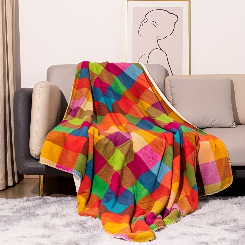 Double-Sided Thick Coral Fleece and Sherpa Blanket with Colorful Plaid Pattern