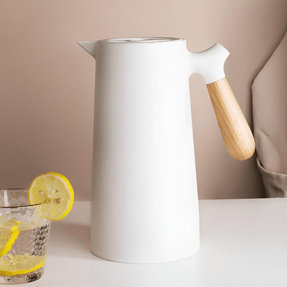 Double-Walled Vacuum Insulated Thermal Carafe with Wooden Handle and Push Button, 1L