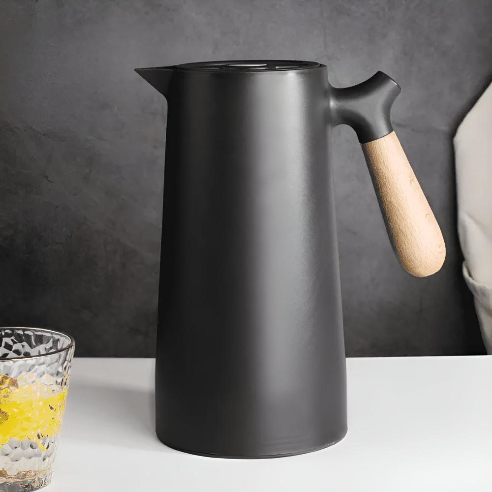 Double-Walled Vacuum Insulated Thermal Carafe with Wooden Handle and Push Button, 1L