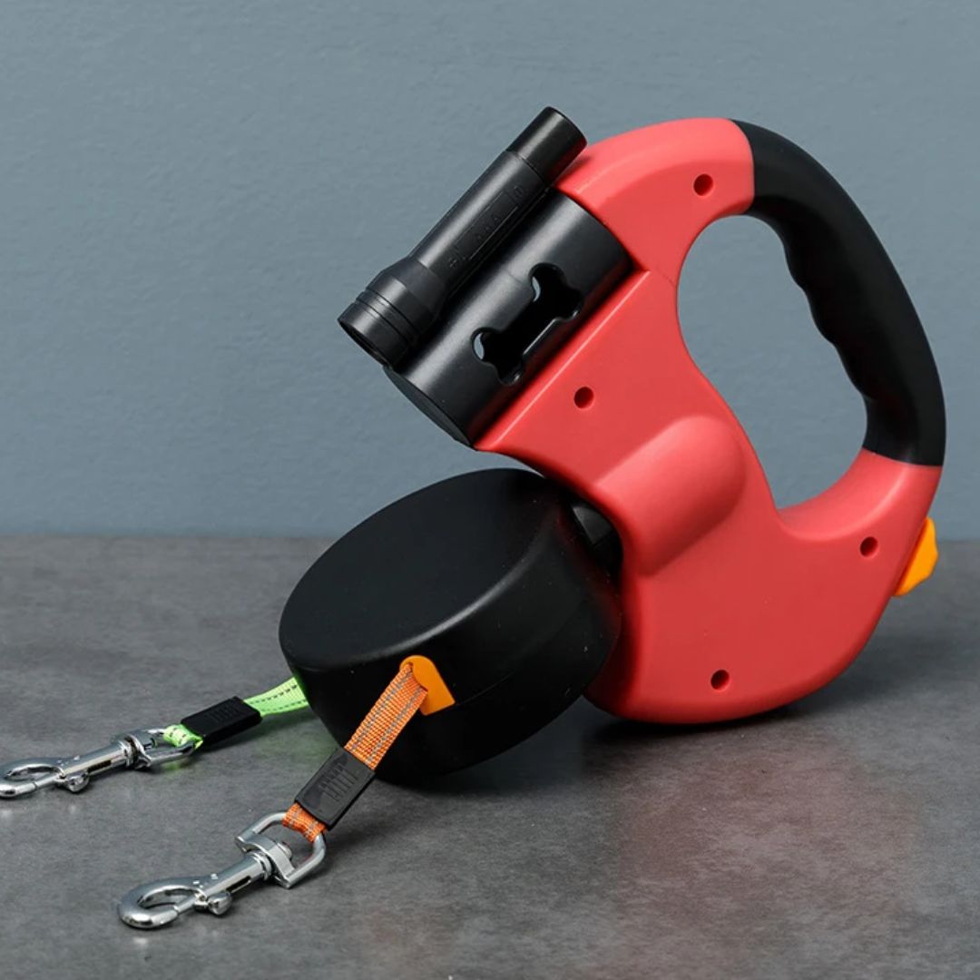 Dual Retractable Dog Leash with Flashlight and Poop Bag Dispenser