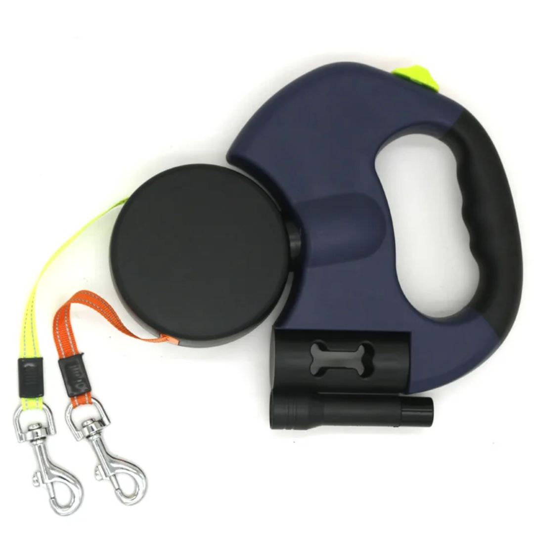 Dual Retractable Dog Leash with Flashlight and Poop Bag Dispenser