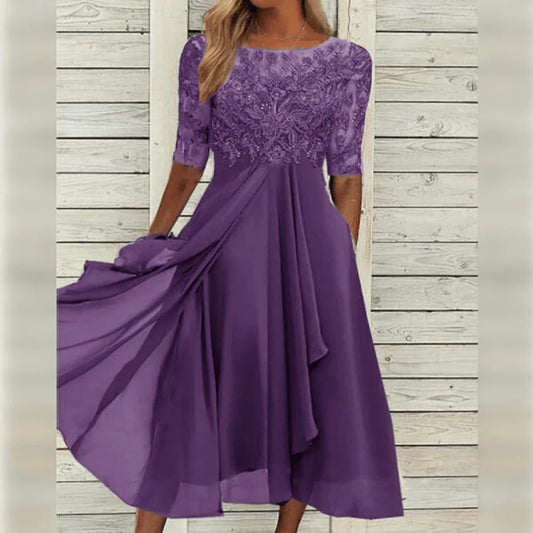 Elegant Midi Dress with Detail and Flowy Skirt for Formal Occasions