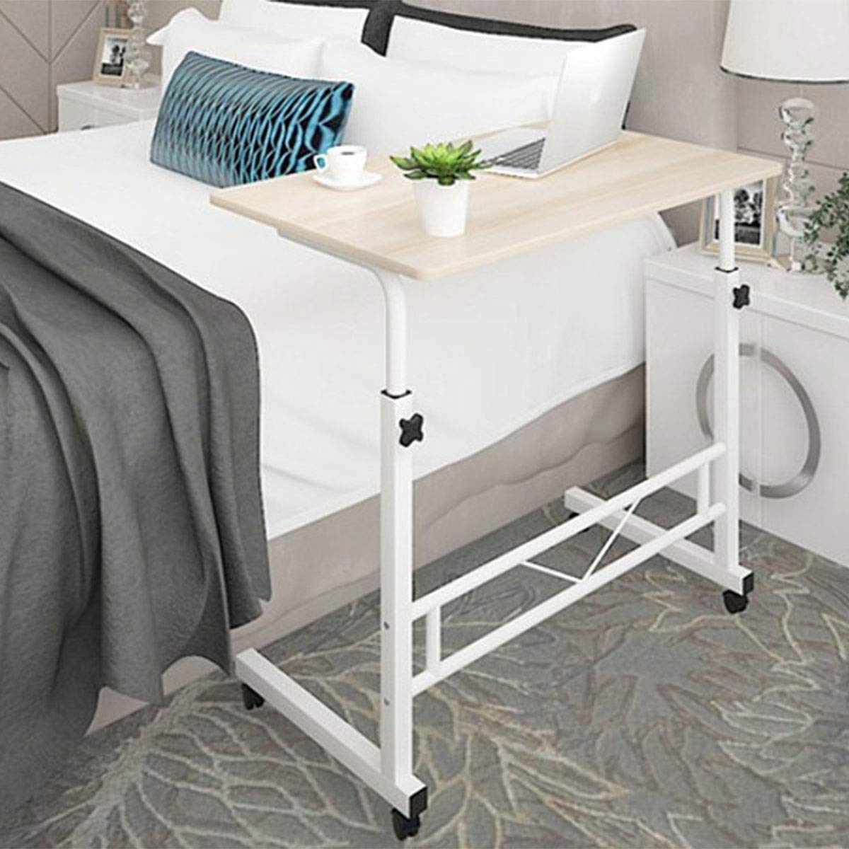 Height-Adjustable Mobile Laptop Desk on Wheels with White Steel Frame and Wood Top