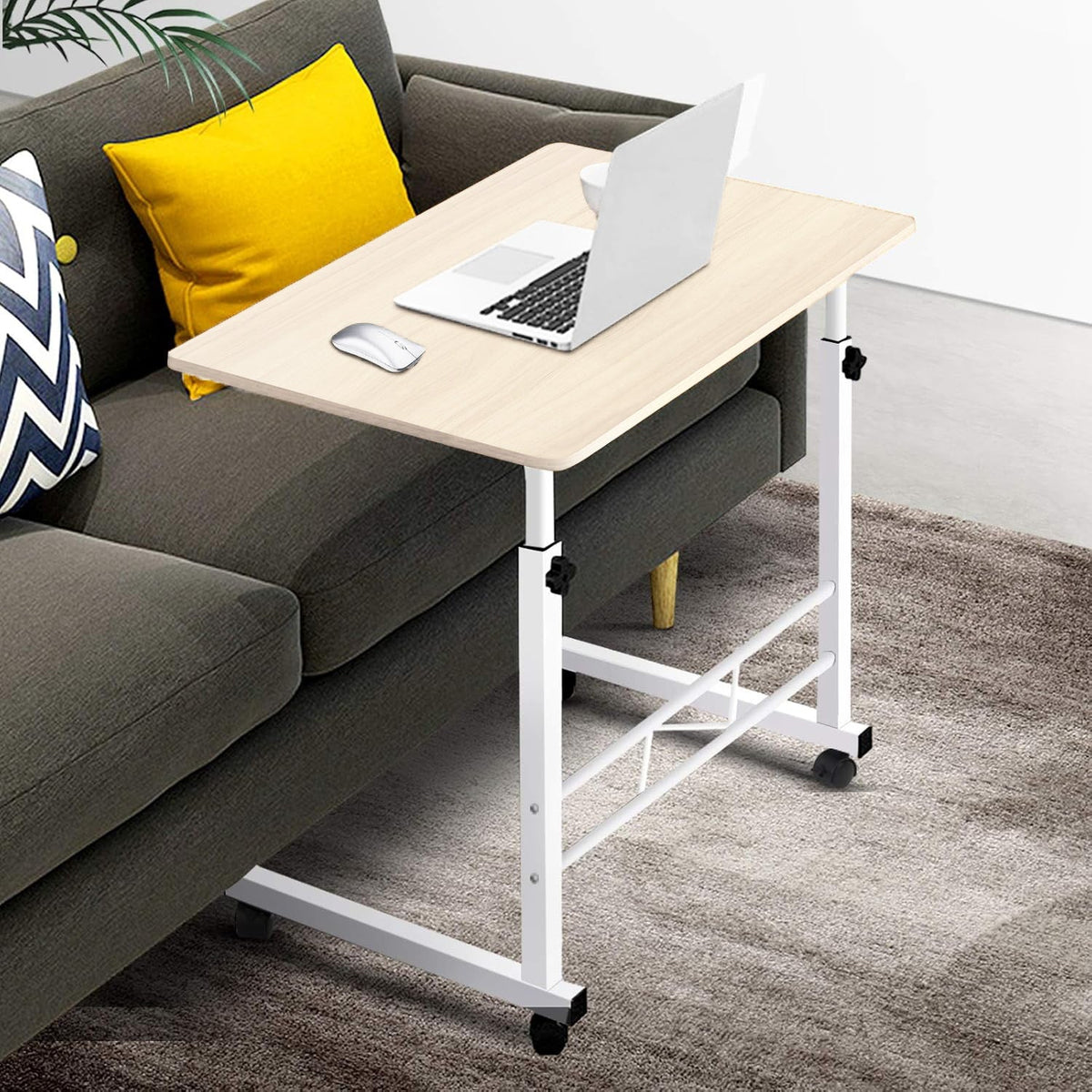 Height-Adjustable Mobile Laptop Desk on Wheels with White Steel Frame and Wood Top