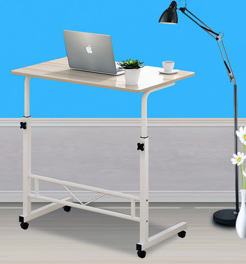 Height-Adjustable Mobile Laptop Desk on Wheels with White Steel Frame and Wood Top