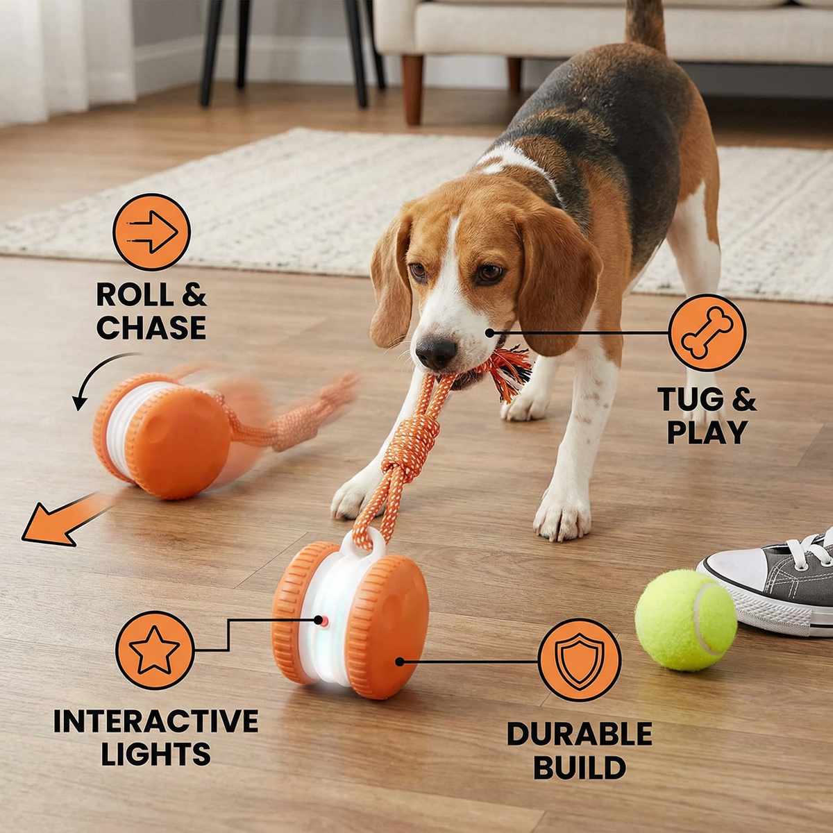 Interactive & Durable Dog Ball – Moving Toy with Colorful Tug Rope for Dogs