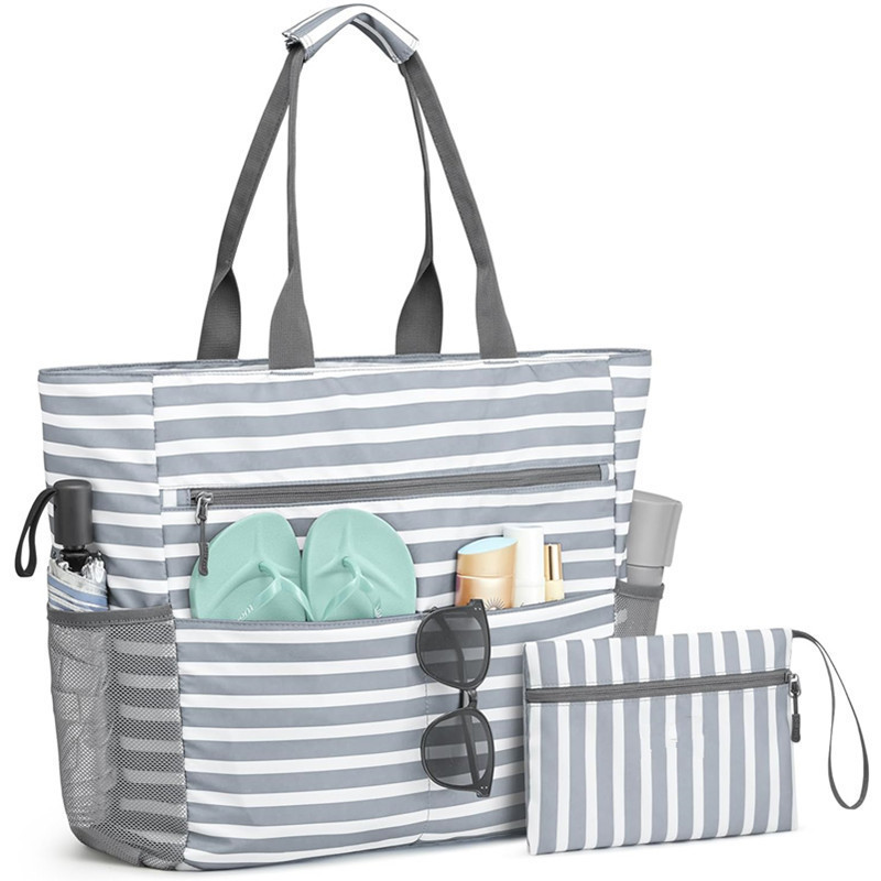 Large Waterproof Zippered Beach Bag – Spacious Foldable Beach Tote with 13 Pockets