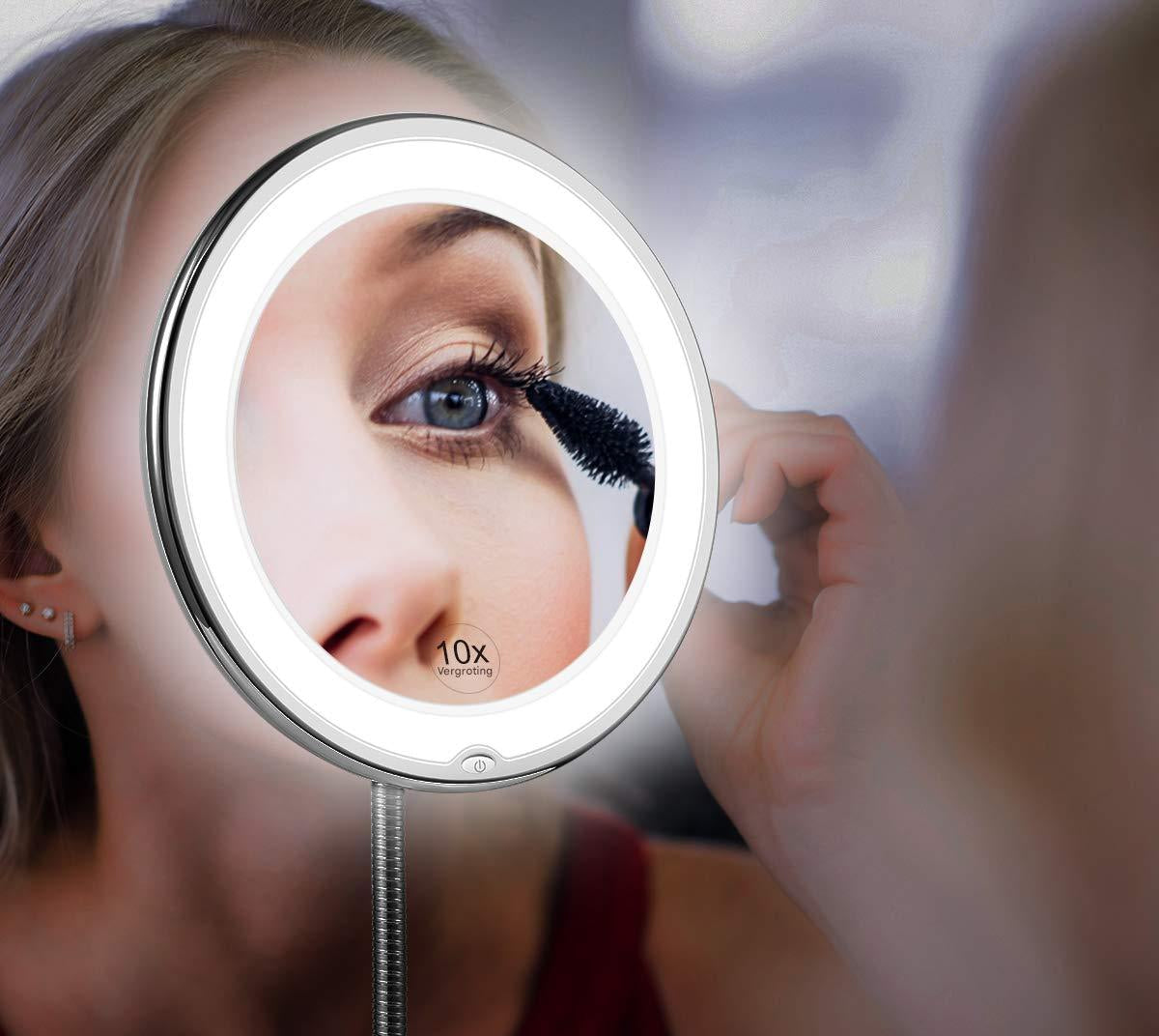 LED Magnifying Mirror with Flexible Gooseneck – 10x Zoom, Daylight LEDs & Suction Mount