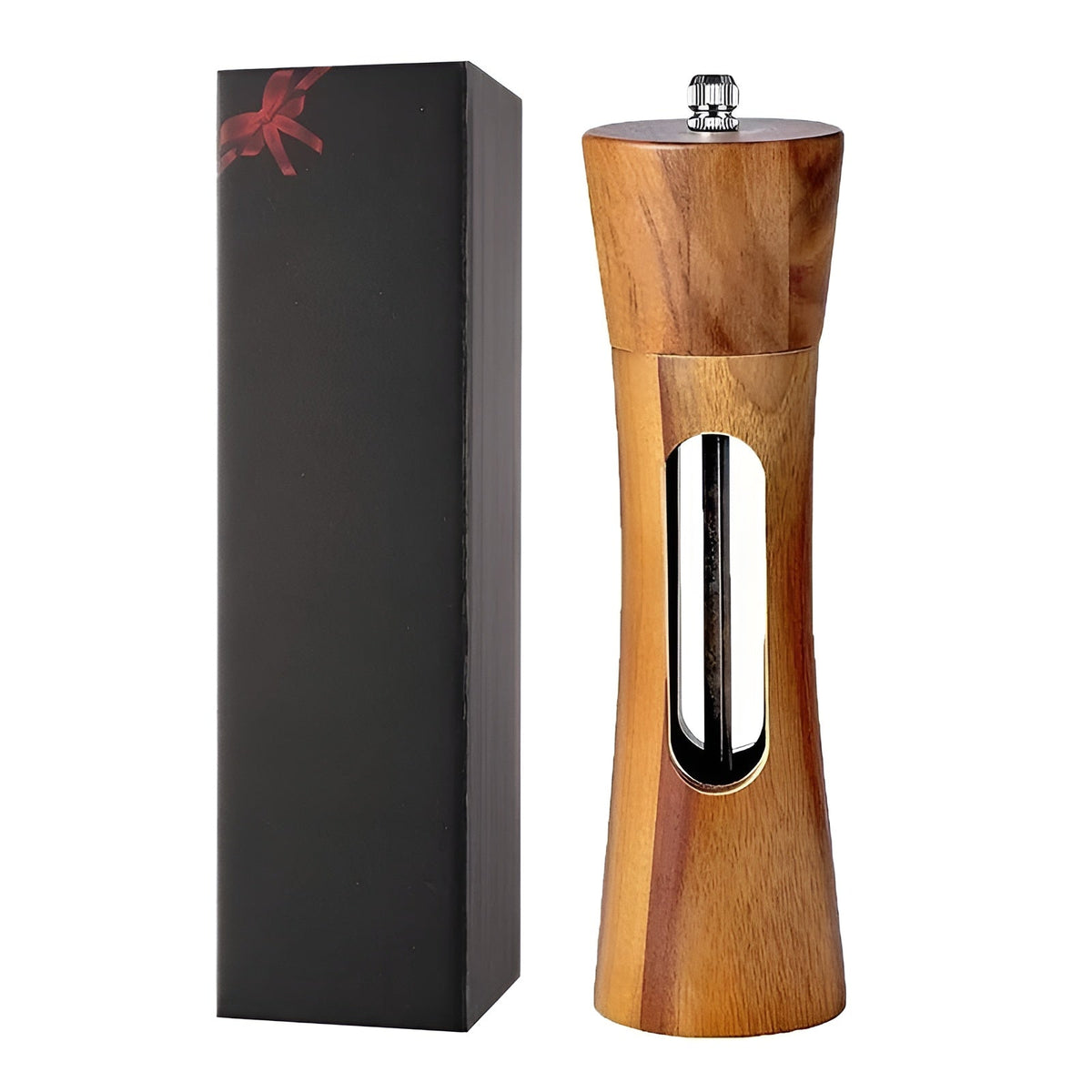 Manual Wooden Salt and Pepper Mill Set with Acrylic Window and Adjustable Grind Levels