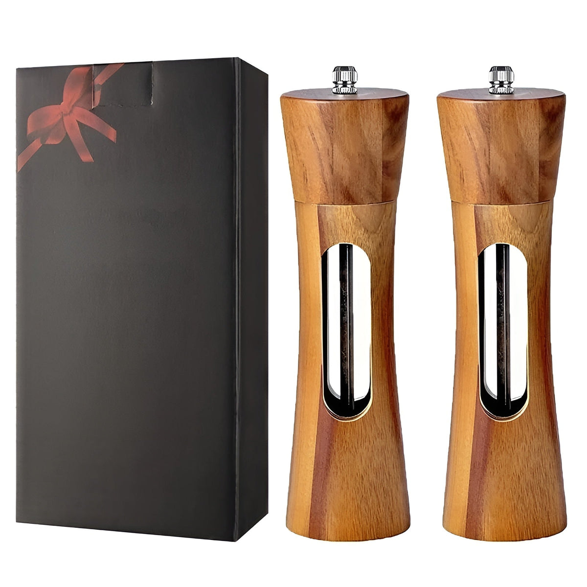 Manual Wooden Salt and Pepper Mill Set with Acrylic Window and Adjustable Grind Levels