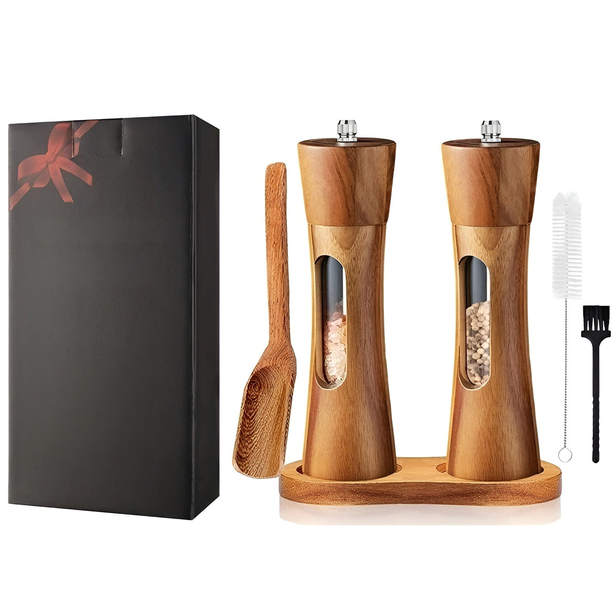 Manual Wooden Salt and Pepper Mill Set with Acrylic Window and Adjustable Grind Levels