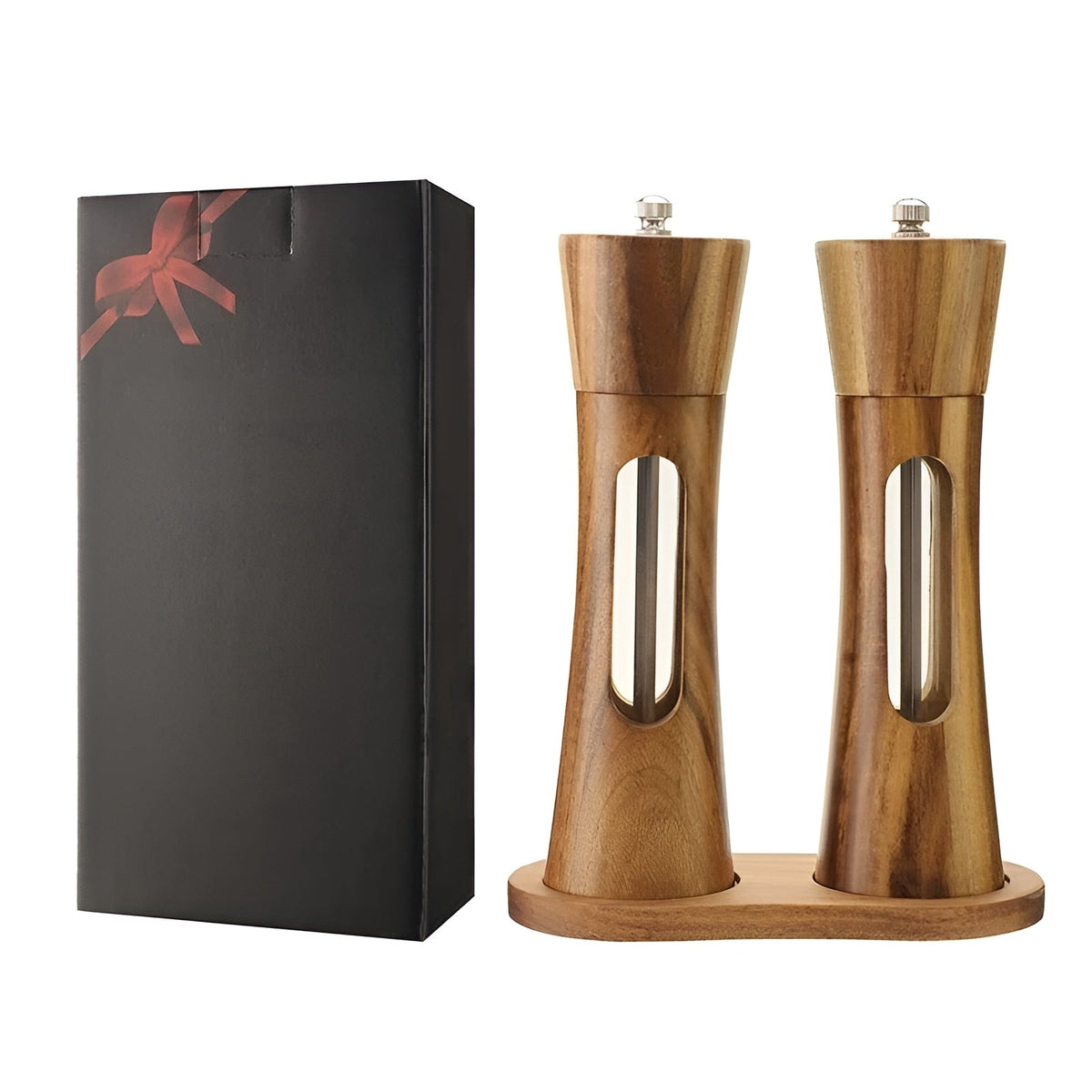 Manual Wooden Salt and Pepper Mill Set with Acrylic Window and Adjustable Grind Levels
