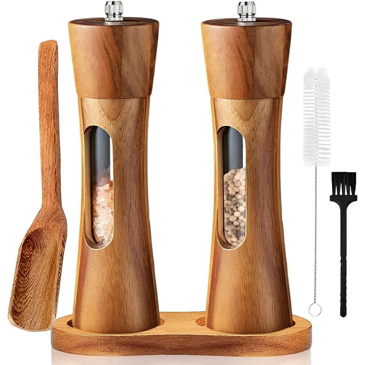 Manual Wooden Salt and Pepper Mill Set with Acrylic Window and Adjustable Grind Levels