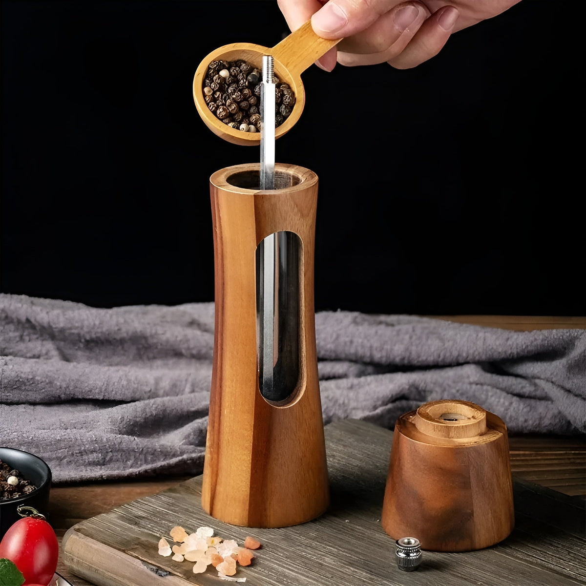 Manual Wooden Salt and Pepper Mill Set with Acrylic Window and Adjustable Grind Levels