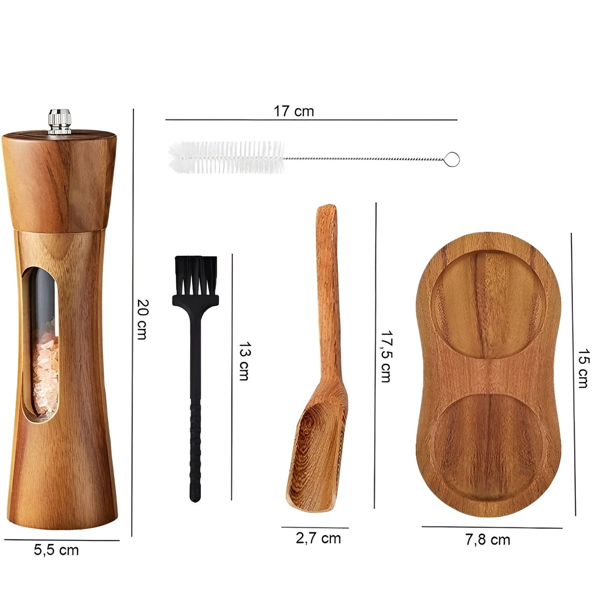 Manual Wooden Salt and Pepper Mill Set with Acrylic Window and Adjustable Grind Levels